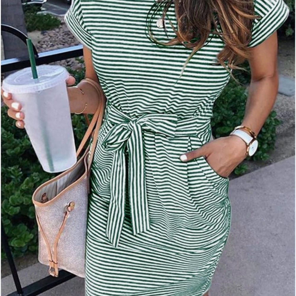 MEROKEETY Striped Tie-Waist T-Shirt Dress White and Dark Green
